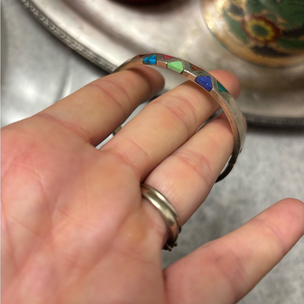 Vintage Taxco Mexico Sterling Multi Stone Inlay Hinged Bangle Bracelet 925 - Picture 6 of 8